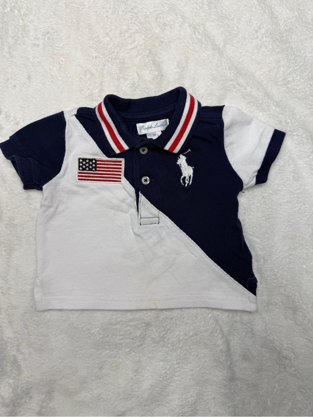 Ralph Lauren Navy, White & Red Boys Polo with Flag Patch size 3m